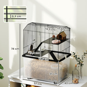 Cage rongeur hamster 3 étages - roulettes, plateforme, échelle, accessoires - PP transparent acier noir
