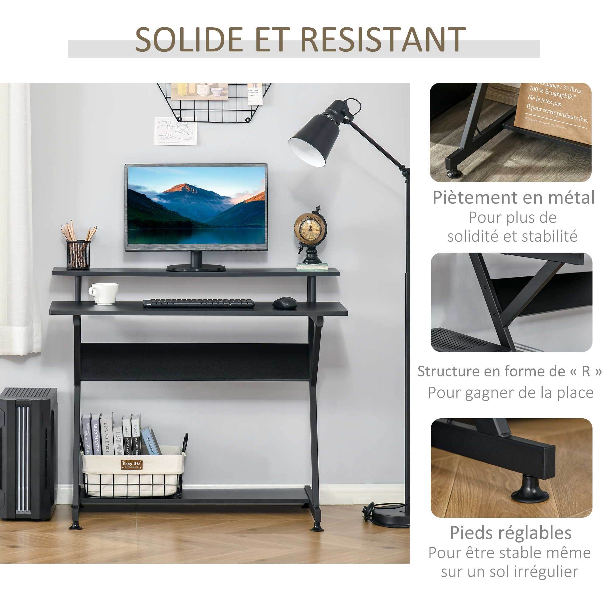 Bureau informatique gamer avec étagères dim. 100L x 60l x 85,5H cm MDF métal noir