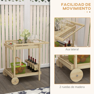 Outsunny Camarera con Ruedas de Madera Carro de Servicio con 2 Estantes 4 Portavasos y Mango para Jardín Terraza Patio 78x58,5x75 cm Natural