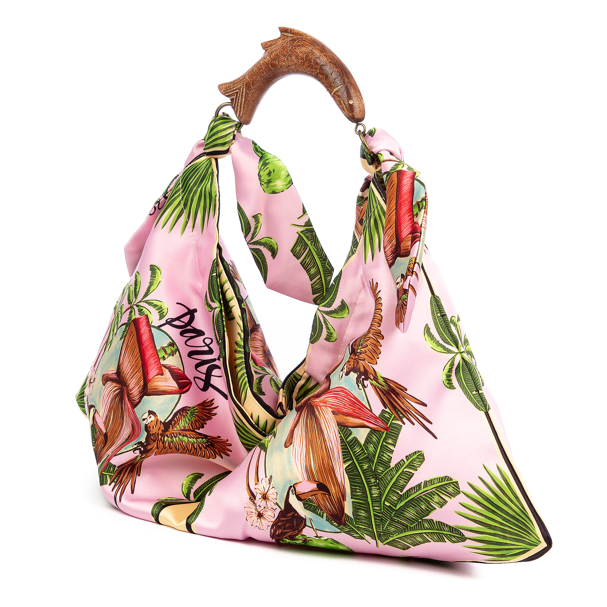 Bereguardo Bolso de hombro Mujer. Fabricado en tejido suave estampado con tintes naturales con asa de madera.