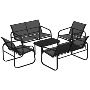 Ensemble salon de jardin relax 6 personnes 5 pièces plateau verre trempé acier textilène noir