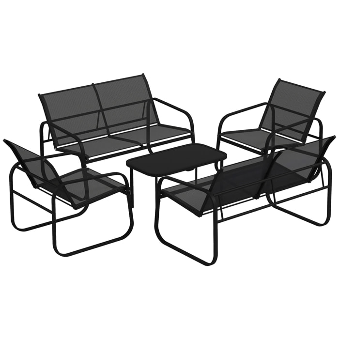 Ensemble salon de jardin relax 6 personnes 5 pièces plateau verre trempé acier textilène noir