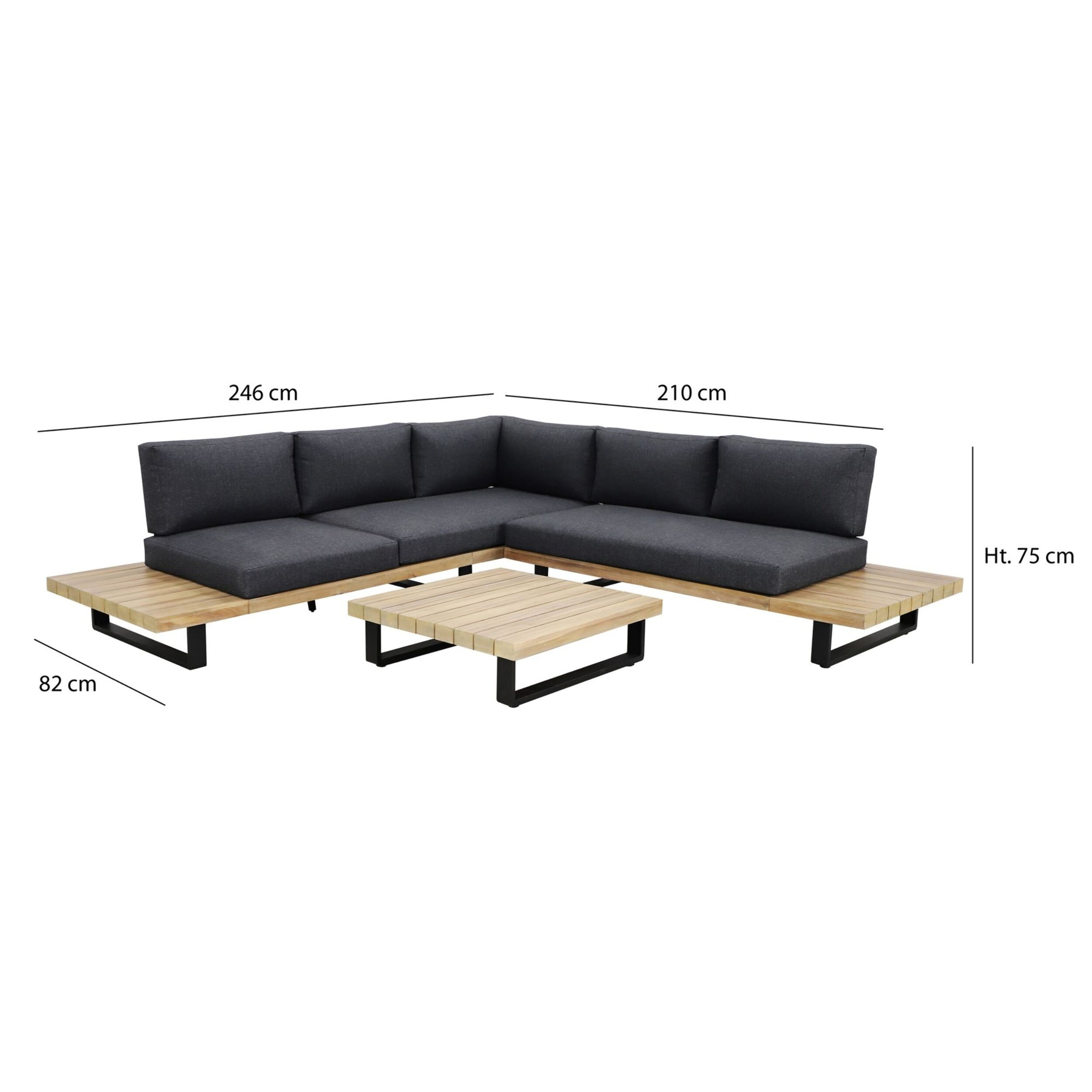 Salon de jardin en bois d'acacia et coussins noir 6 places DOURO