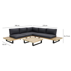 Salon de jardin en bois d'acacia et coussins noir 6 places DOURO