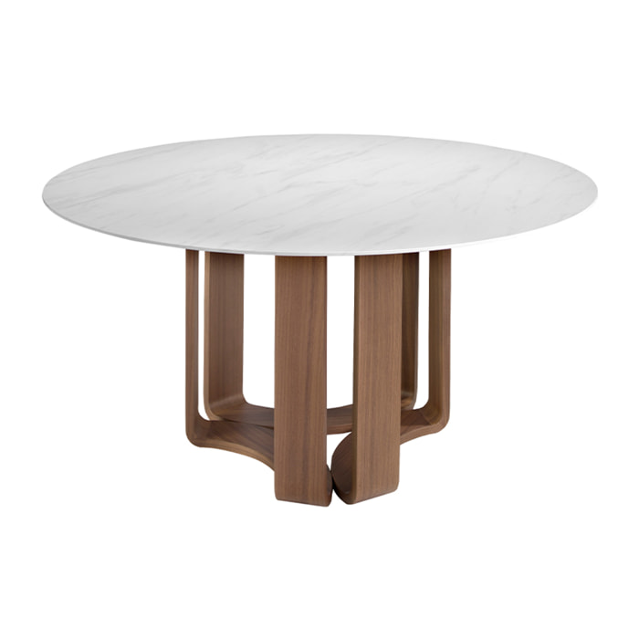 Mesa comedor Angel Cerdá redonda con tapa fija de mármol porcelánico blanco con vetas en gris en acabado brillo 150x150x75cm