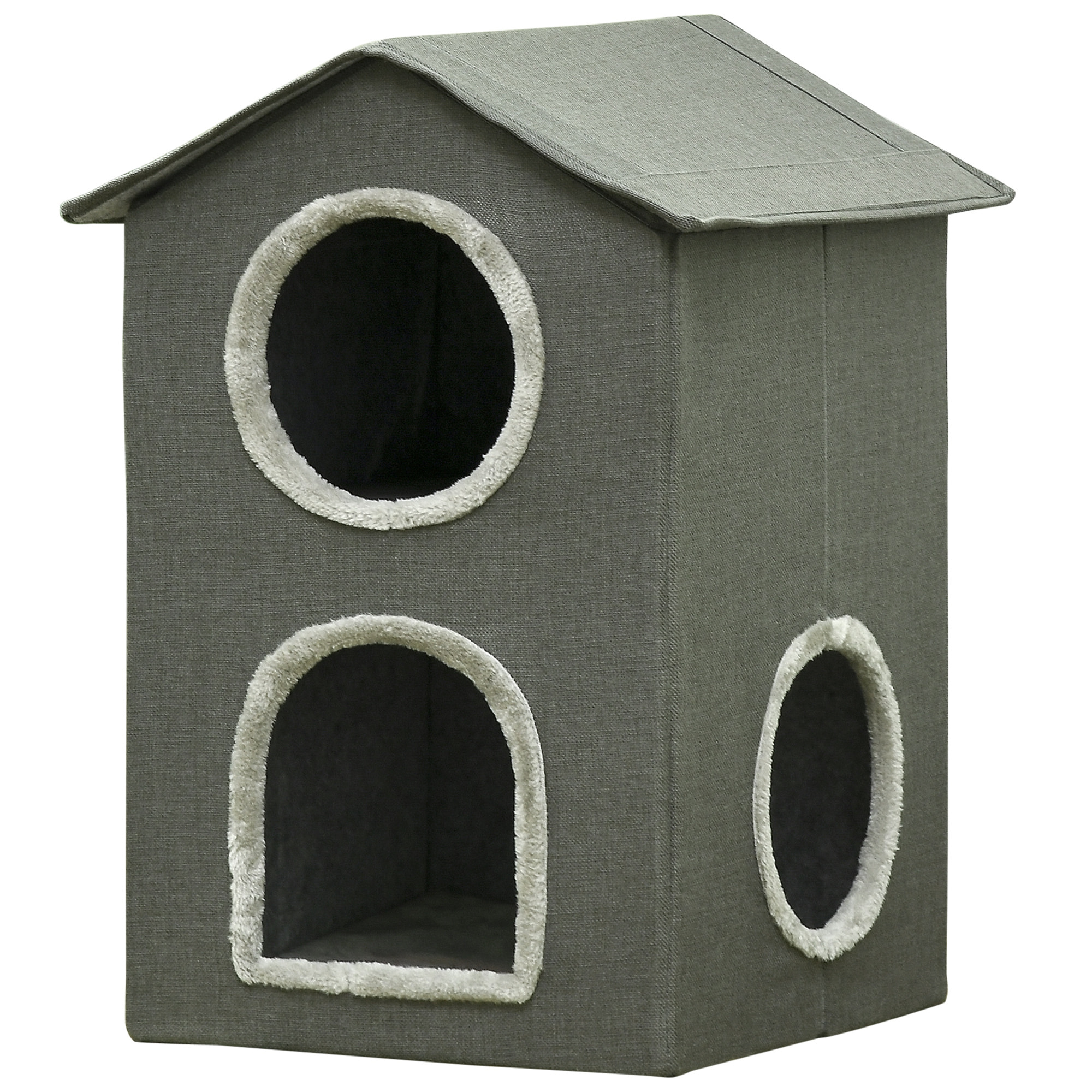 Casa para Gatos de 2 Niveles Cama para Gatos Cueva para Gatos con 3 Puertas y Cojines Lavables 42x46x59,5 cm Gris