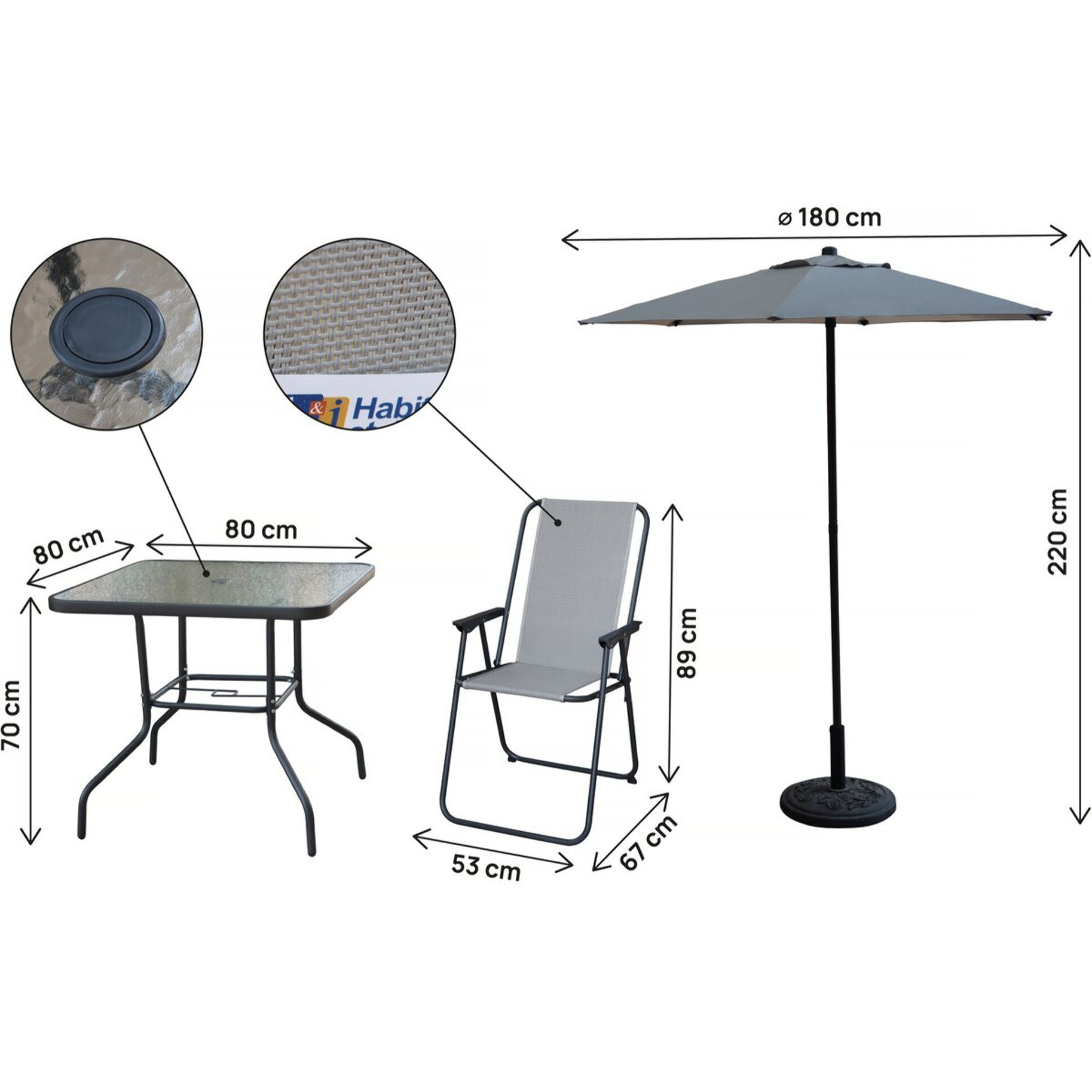 Table et chaises de jardin avec parasol en métal "Convivia" - 4 places - Gris clair