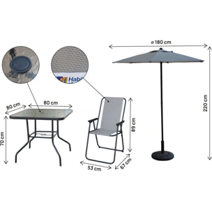 Table et chaises de jardin avec parasol en métal "Convivia" - 4 places - Gris clair
