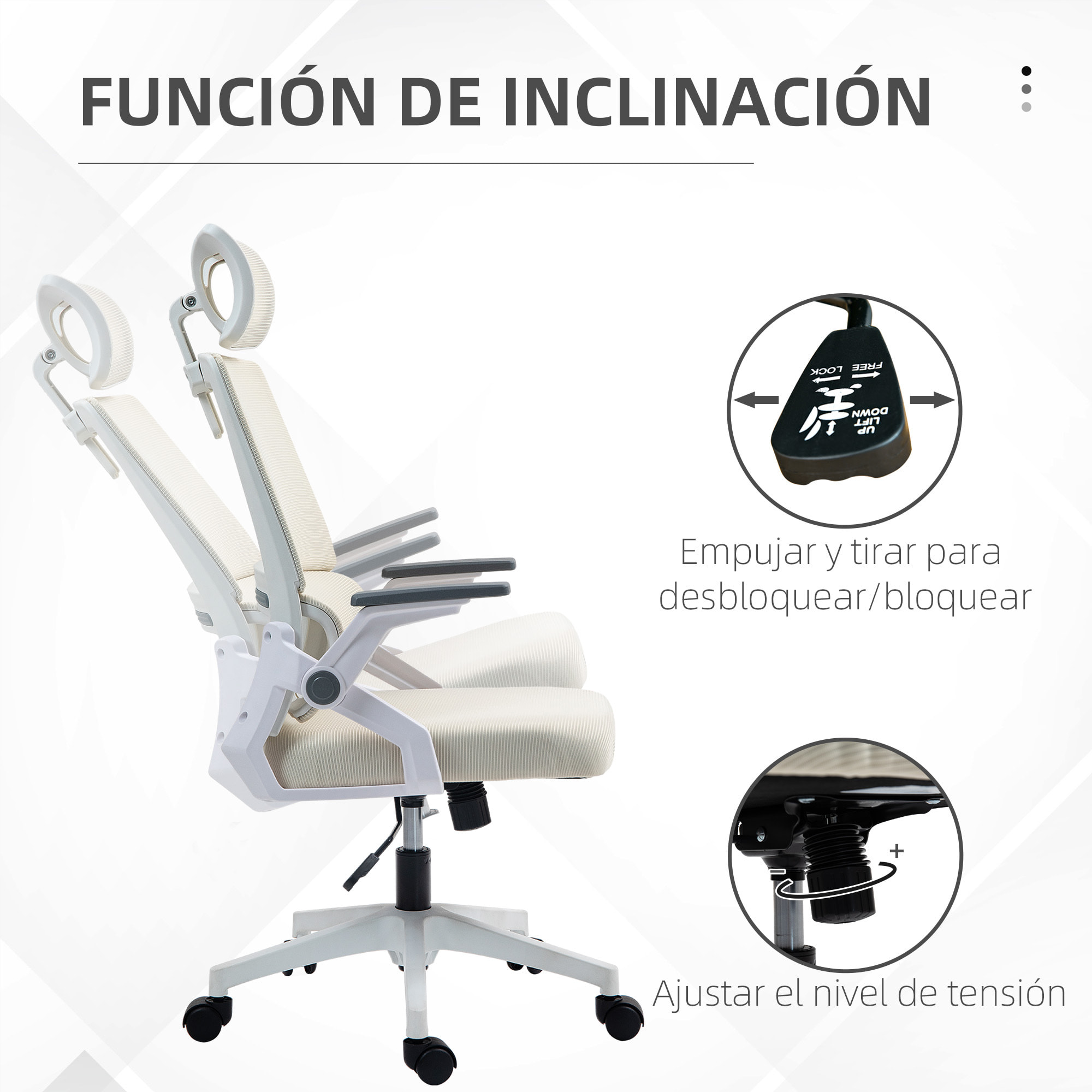 Silla de Oficina de Malla con Función de Basculante Silla de Escritorio Giratoria con Altura Ajustable Reposacabezas Regulable y Reposabrazos Carga 120 kg para Estudio Beige