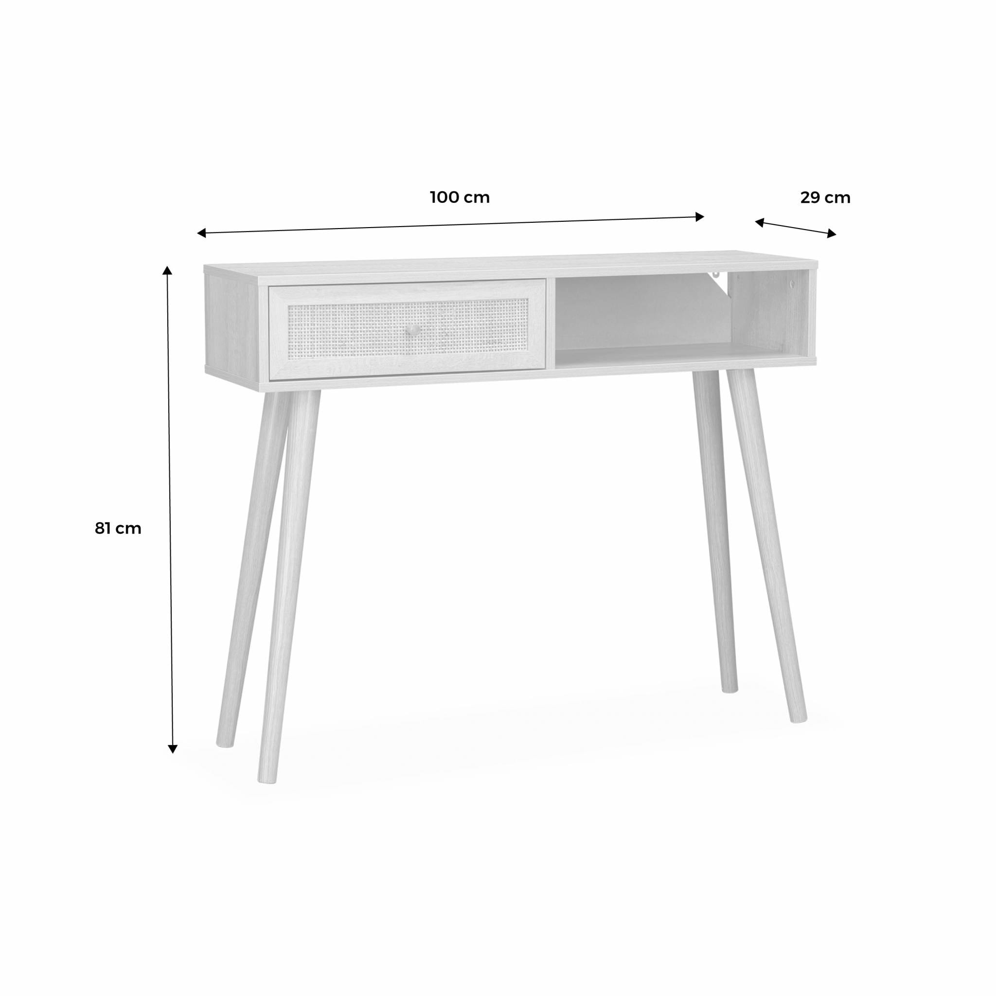 Console en cannage 100x29x81cm  -  Bohème -  Noir. 1 tiroir.1 espace de rangement. pieds scandinaves décor bois. 1 poignée