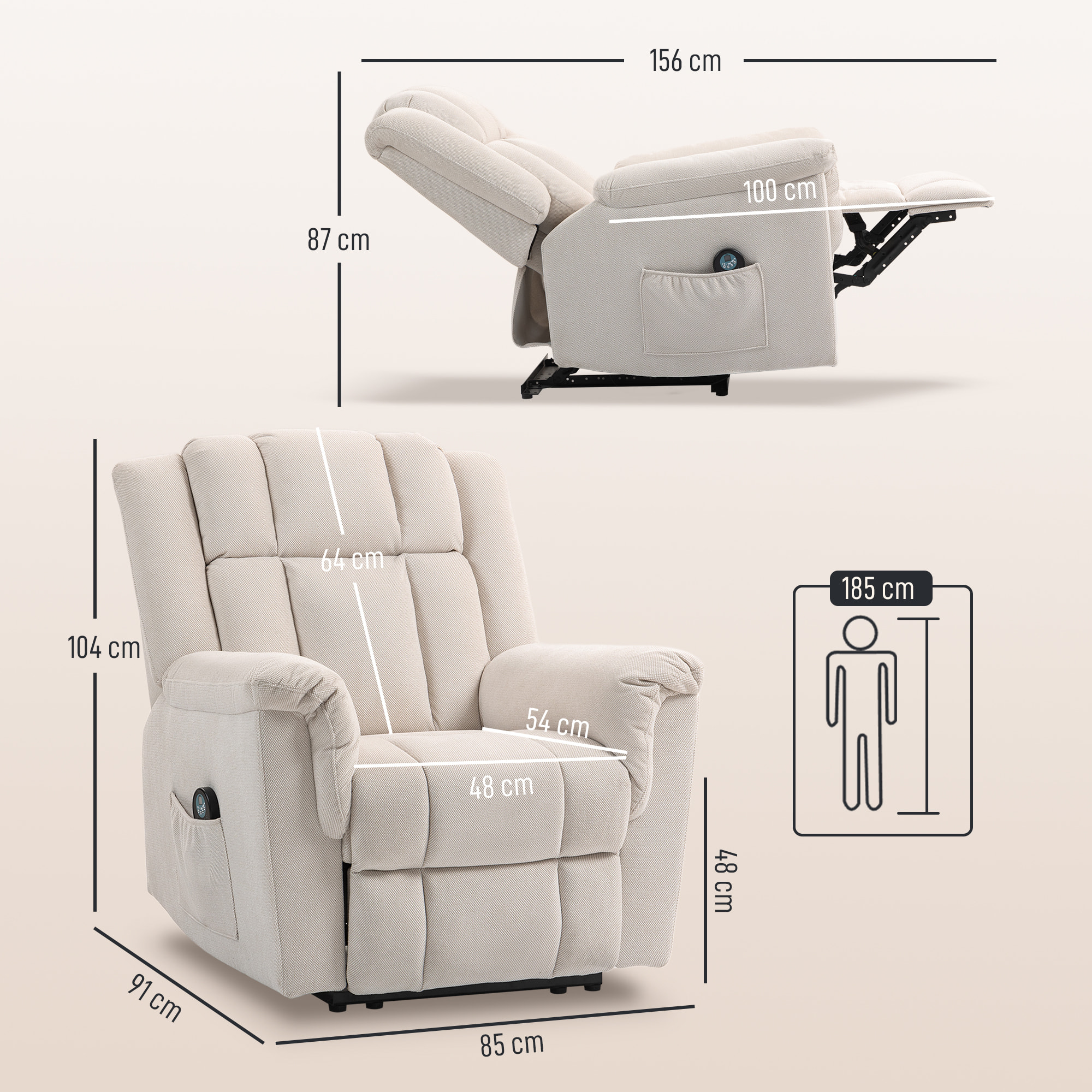 Fauteuil massant chauffant inclinable repose-pieds intégré poche rangement tissu velours chenille beige