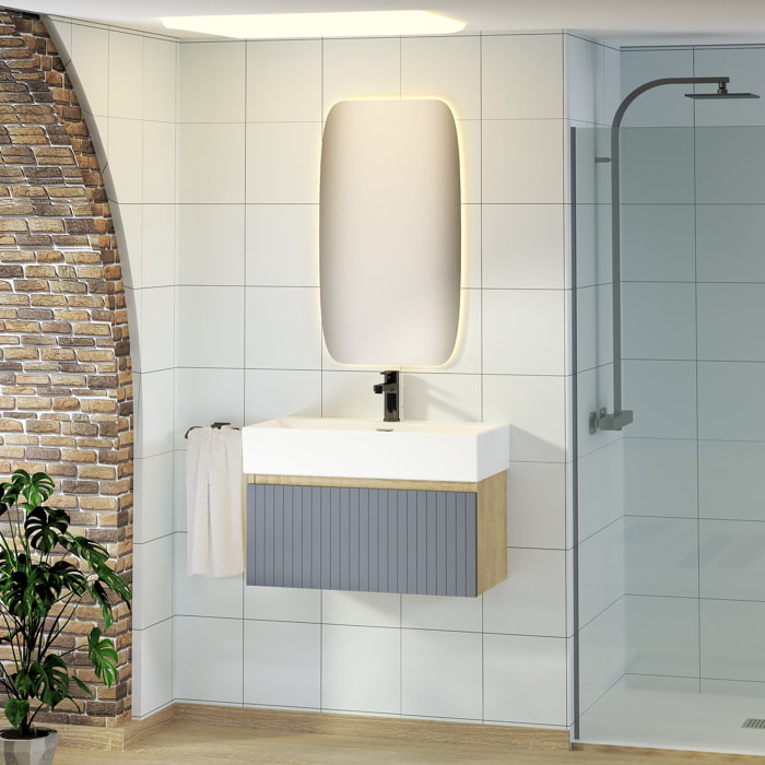 Conjunto de Baño Zel | Mueble Suspendido | 70 cm Azul | Un Cajón | Lavabo Encastrado | No incluye Espejo | Mueble Montado| Alday