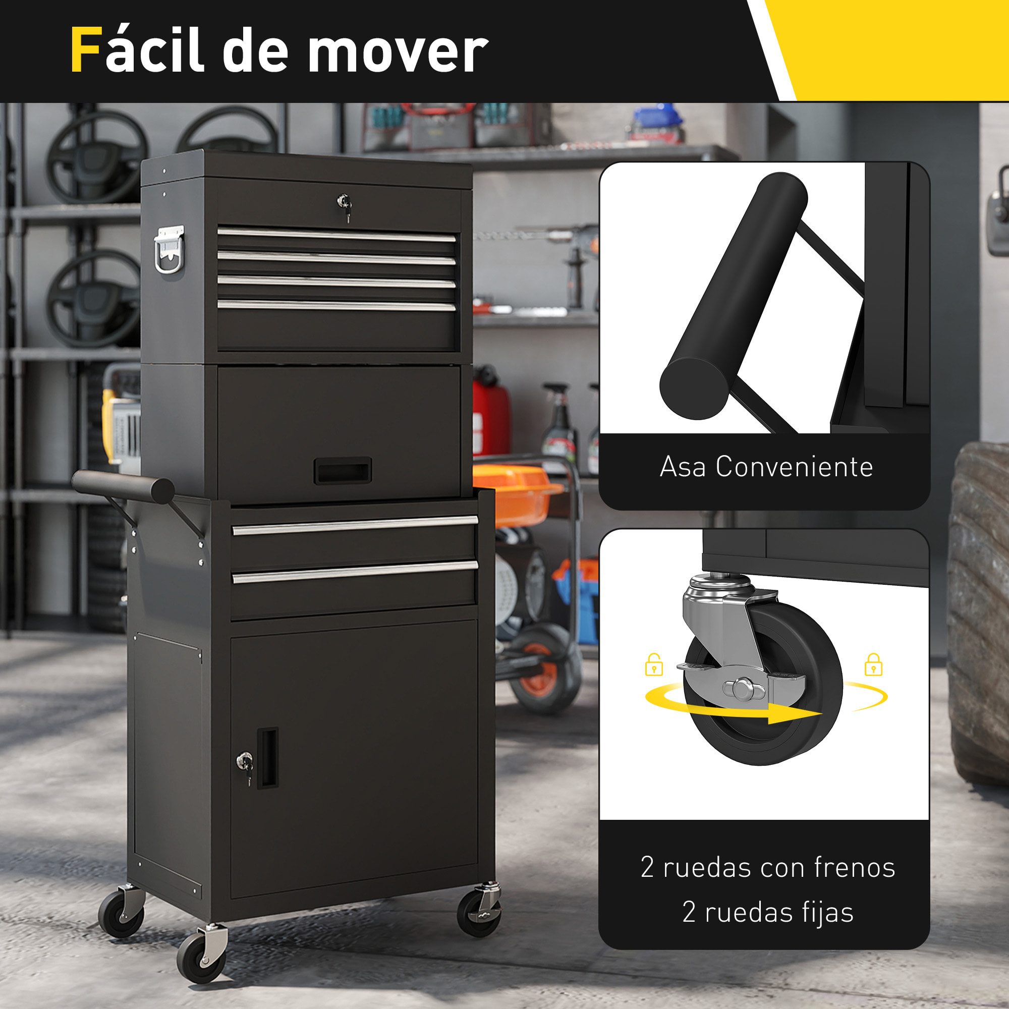 Carro de Herramientas con 6 Cajones y Cerraduras, 3 en 1, Carro de Taller Móvil con Ruedas y Panel Lateral Perforado, Caja de Herramientas Desmontable de Acero, para Taller, Garaje, Negro