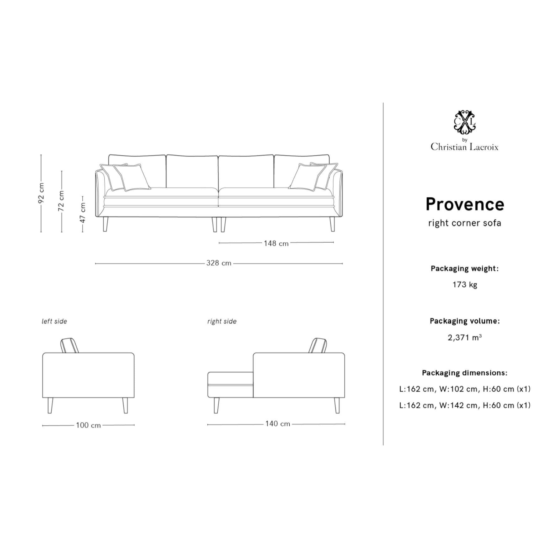 Canapé d'angle droit "Provence" 4 places en velours gris foncé