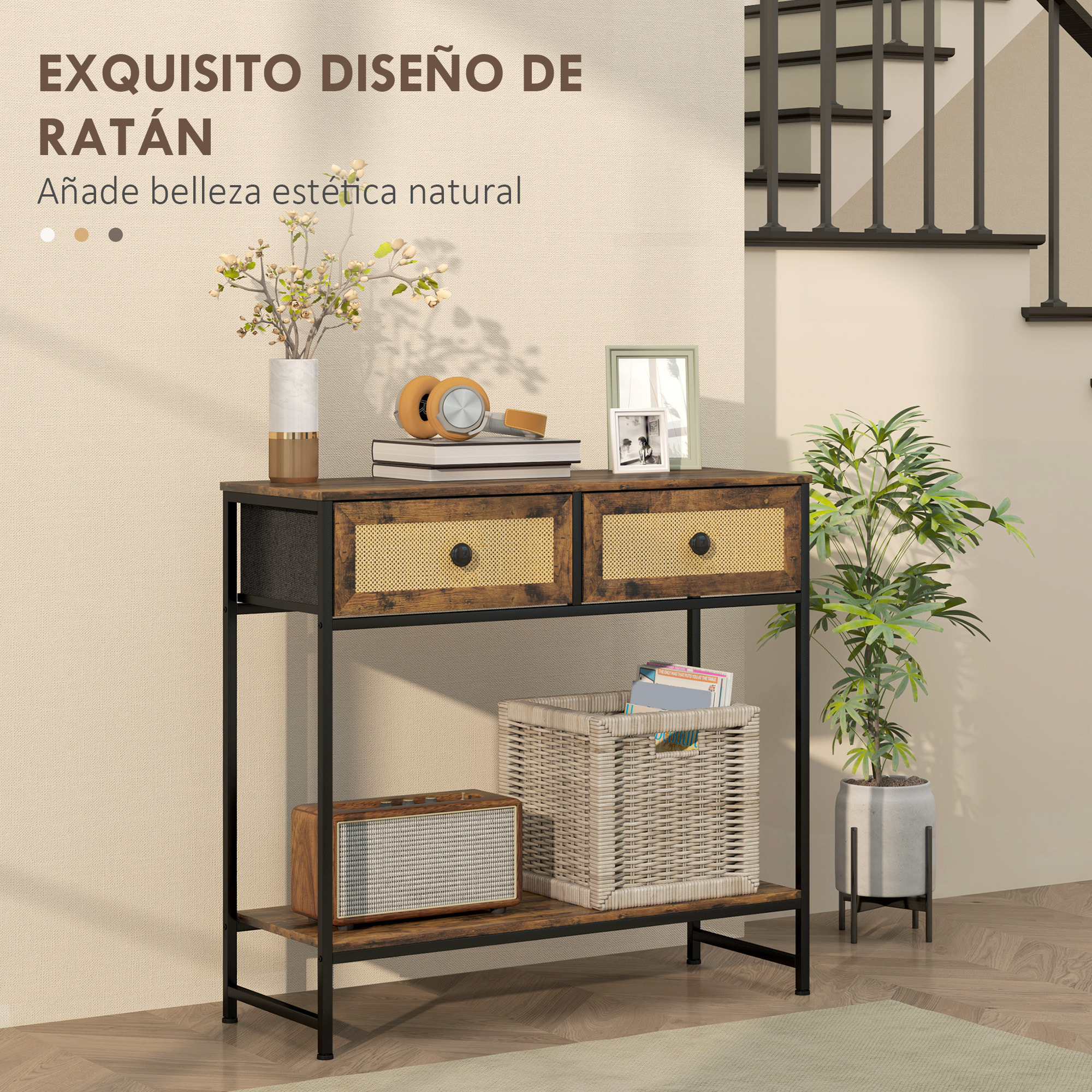 Mesa Consola Mueble para Recibidor con Estante Abierto y 2 Cajones Frontales de Ratán Consola para Recibidor Entrada Pasillo 80x30x75 cm Marrón Rústico