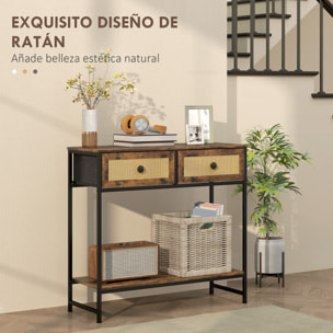 Mesa Consola Mueble para Recibidor con Estante Abierto y 2 Cajones Frontales de Ratán Consola para Recibidor Entrada Pasillo 80x30x75 cm Marrón Rústico