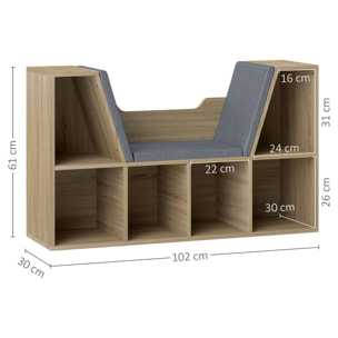 Librería con Asiento Estantería de Libros con 6 Cubos Zapatero con Banco con Cojín Multiusos para Sala de Estar Oficina Dormitorio 102x30x61cm Roble y Gris