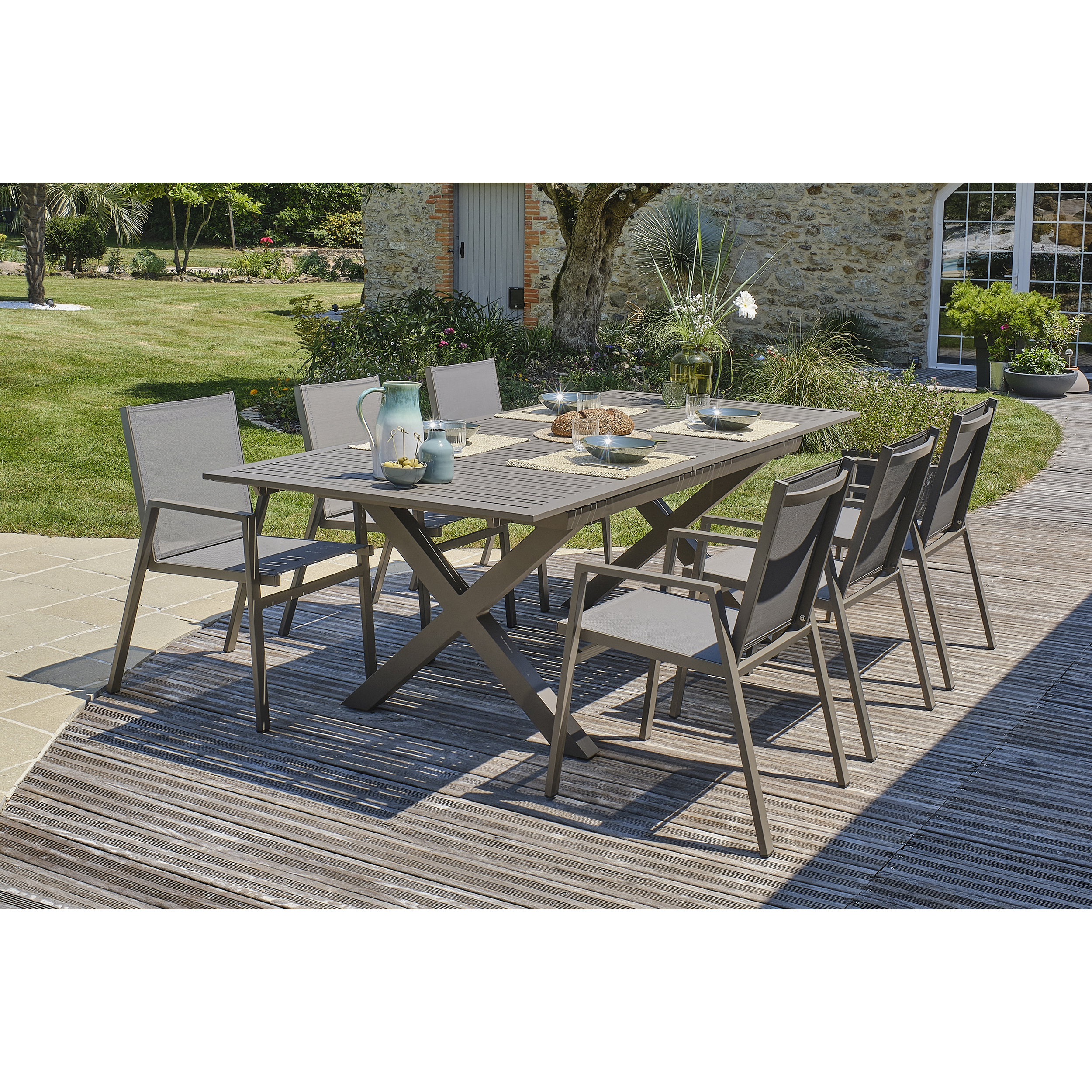 FLORIDE - Ensemble repas de jardin 6 places en aluminium quartz