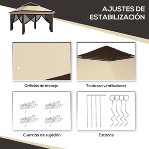 Carpa Plegable 3x3x2,7 m Cenador de Jardín con Doble Techo Altura Ajustable 4 Mosquiteras Protección UV30+ Impermeable y Bolsa Gazebo para Exterior Fiestas Camping Beige y Café