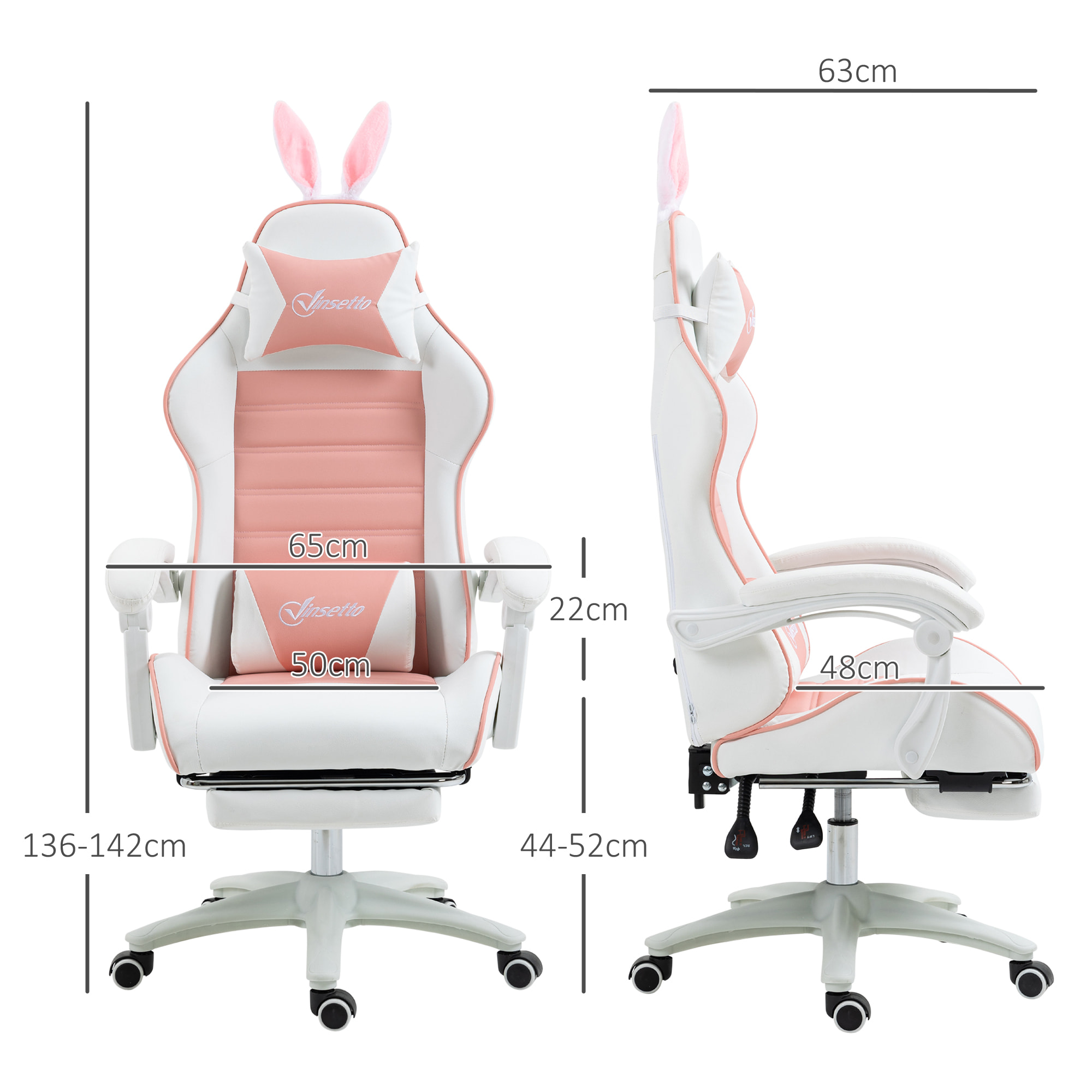 Silla Gaming Profesional Silla Gamer Racing Giratoria de Cuero PU con Altura Ajustable Inclinable 135° Reposacabezas y Reposapiés para Oficina Estudio 65x63x136-142 cm Rosa y Blanco