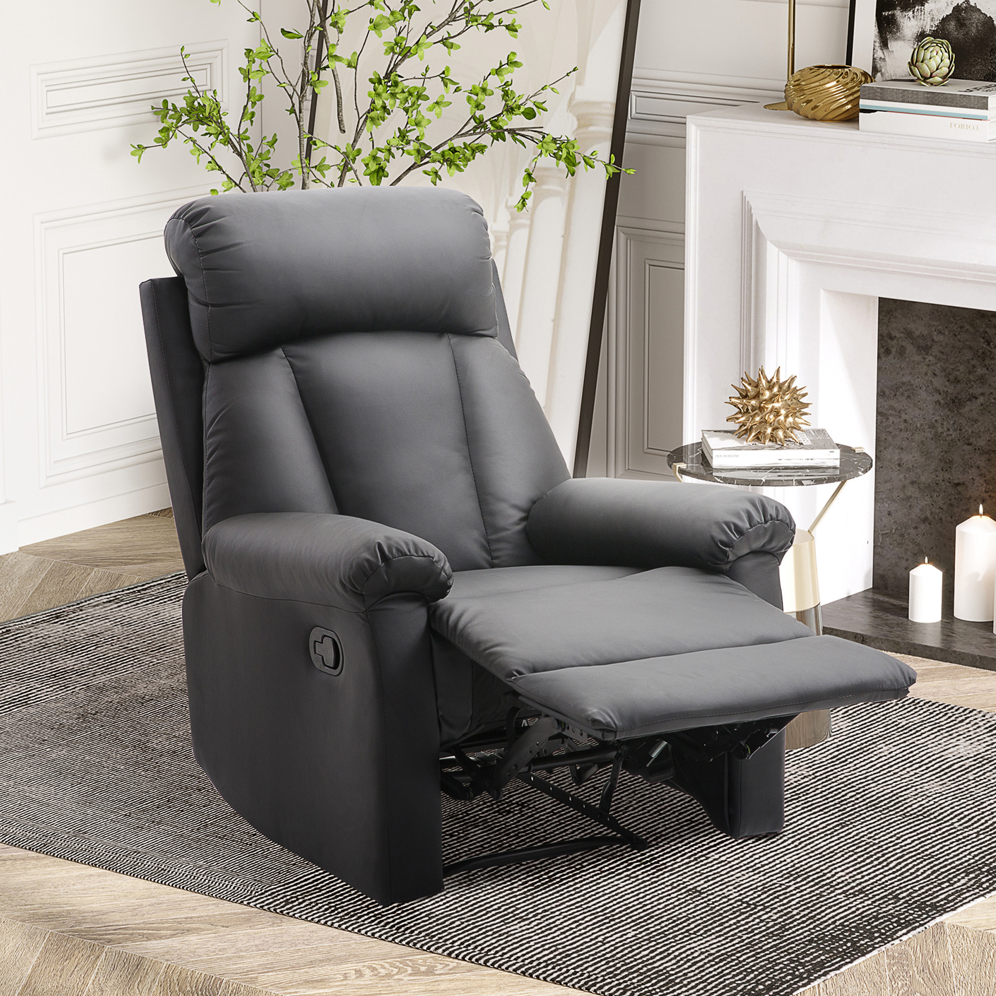 Sillón Relax Reclinable Tapizado en PU Butaca de Salón con Reposapiés Retráctil Respaldo Alto Resposabrazos y Asiento Acolchados Grueso 80x97x107 cm Negro