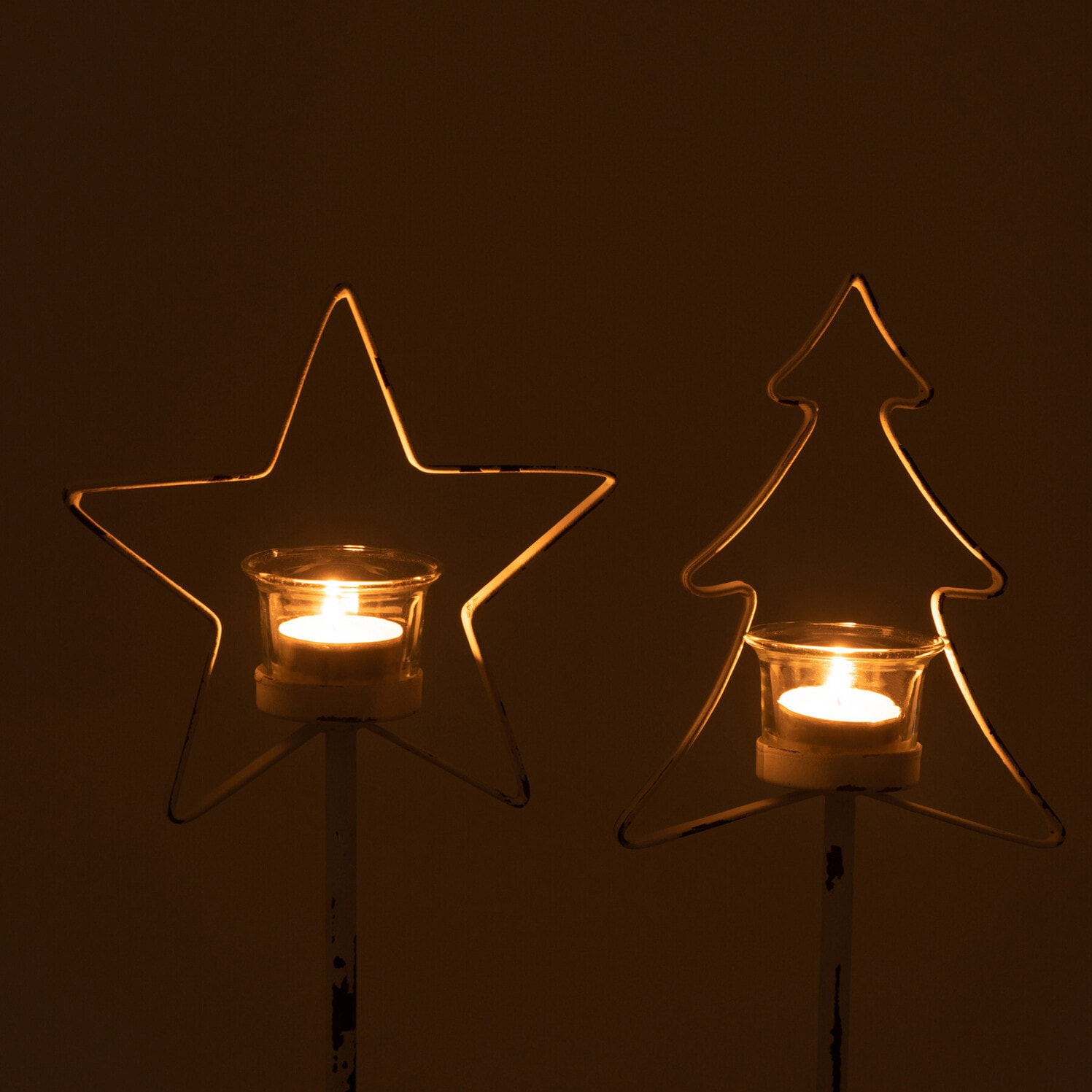 J-Line bougeoir Sur Tronc D'arbre Arbre/Etoile - bois/verre - blanc/marron - 2 pcs