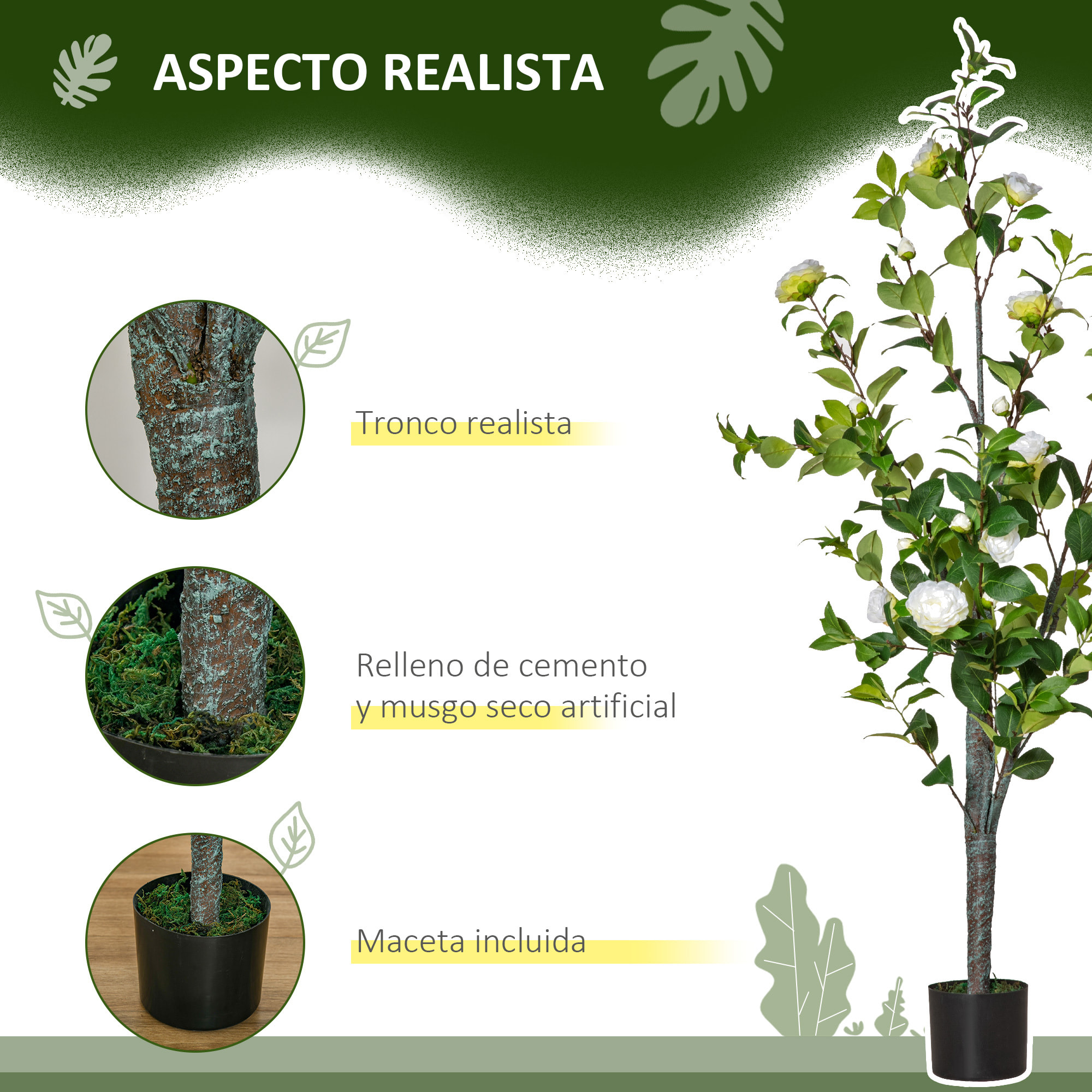 HOMCOM Árbol de Camelia Artificial 150 cm con Maceta de Cemento 285 Hojas Realistas y 25 Flores de Tela Planta Sintética Decoración para Hogar Oficina y Exterior Verde