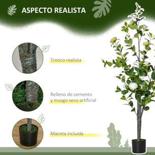 HOMCOM Árbol de Camelia Artificial 150 cm con Maceta de Cemento 285 Hojas Realistas y 25 Flores de Tela Planta Sintética Decoración para Hogar Oficina y Exterior Verde