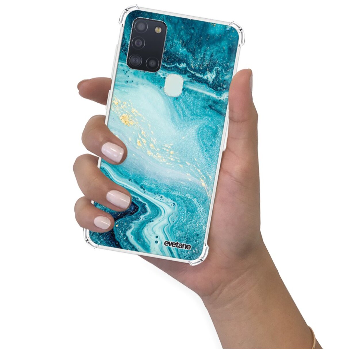 Coque Samsung Galaxy A21S anti-choc souple angles renforcés transparente Bleu Nacré Marbre Evetane