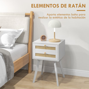 Mesita de Noche Blanca Mesilla de Noche Boho con 2 Cajones y Elemento de Ratán Mesita Auxiliar Pequeña para Dormitorio Salón 40x40x60 cm