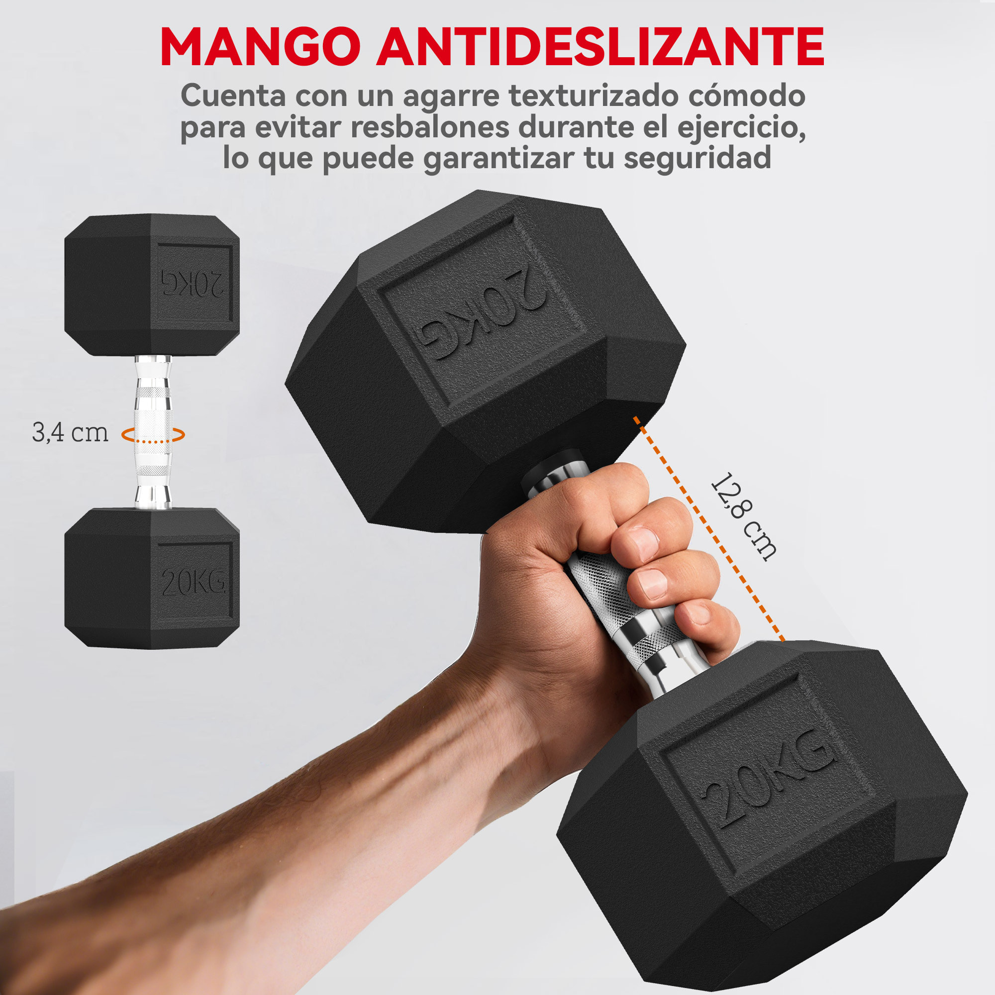 Mancuerna Hexagonal 20 kg de Hierro Fundido, Pesas de Metal Recubiertas de Goma, con Mango Moleteado, para Entrenamiento en Casa, Gimnasio, y Oficina, Negro y Plata