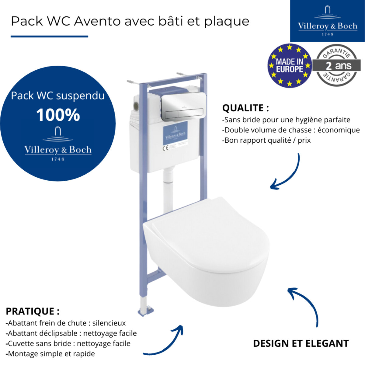 Pack WC suspendu sans bride Avento + Bâti support ViConnect Pro + abattant frein de chute + plaque chromée