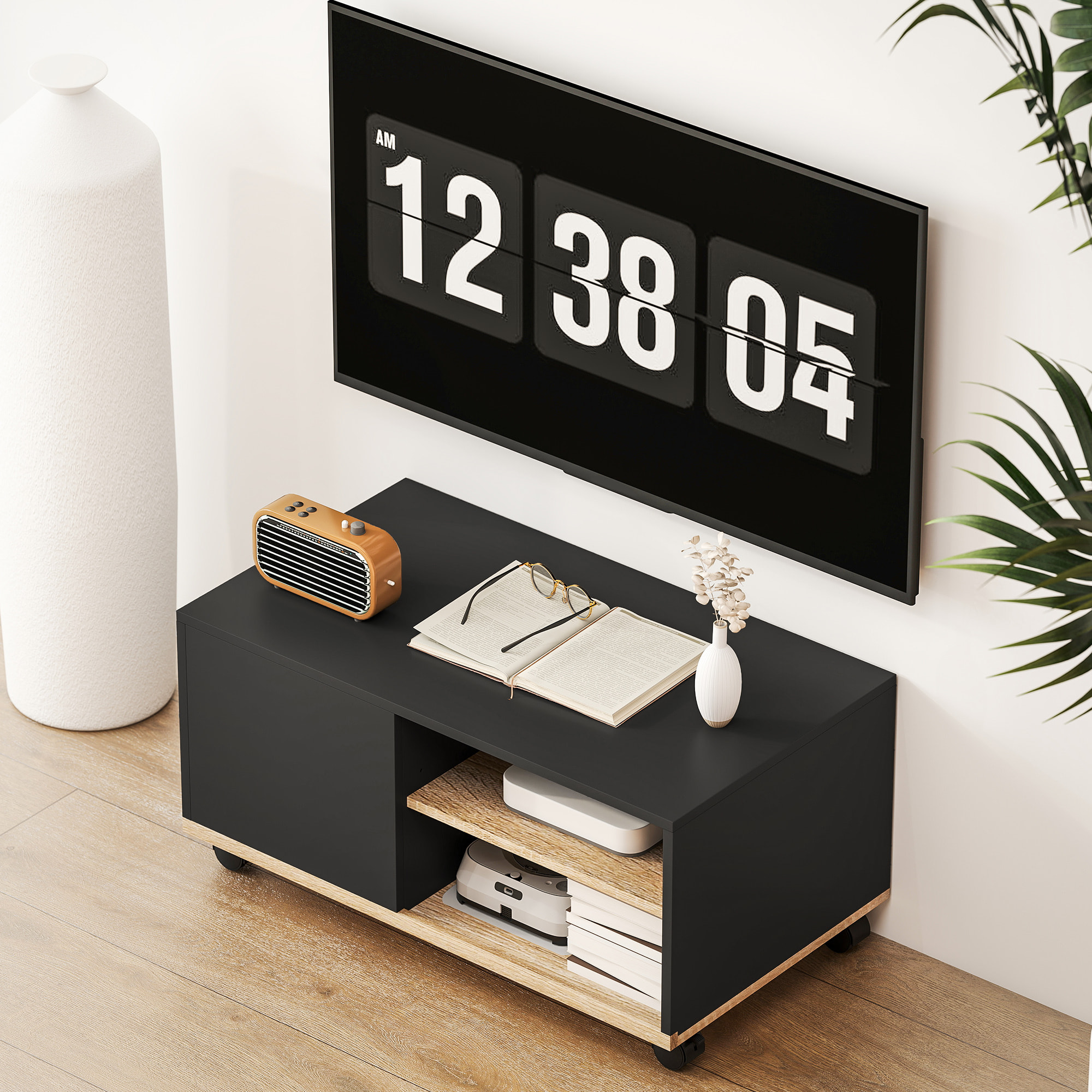 Mueble de TV con Ruedas, Mesa de TV Móvil, Mueble para Televisión hasta 42 Pulgadas, con 1 Puerta, 2 Compartimentos Abiertos, Estante Ajustable, para Salón, Comedor, Dormitorio, Negro