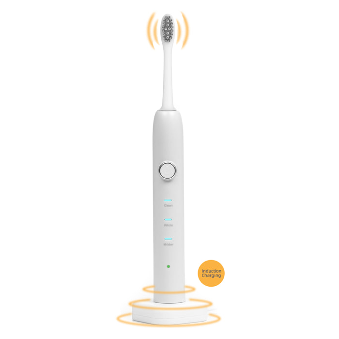 Spazzolino elettrico con batteria ricaricabile e testina. Ricarica wireless induttiva.