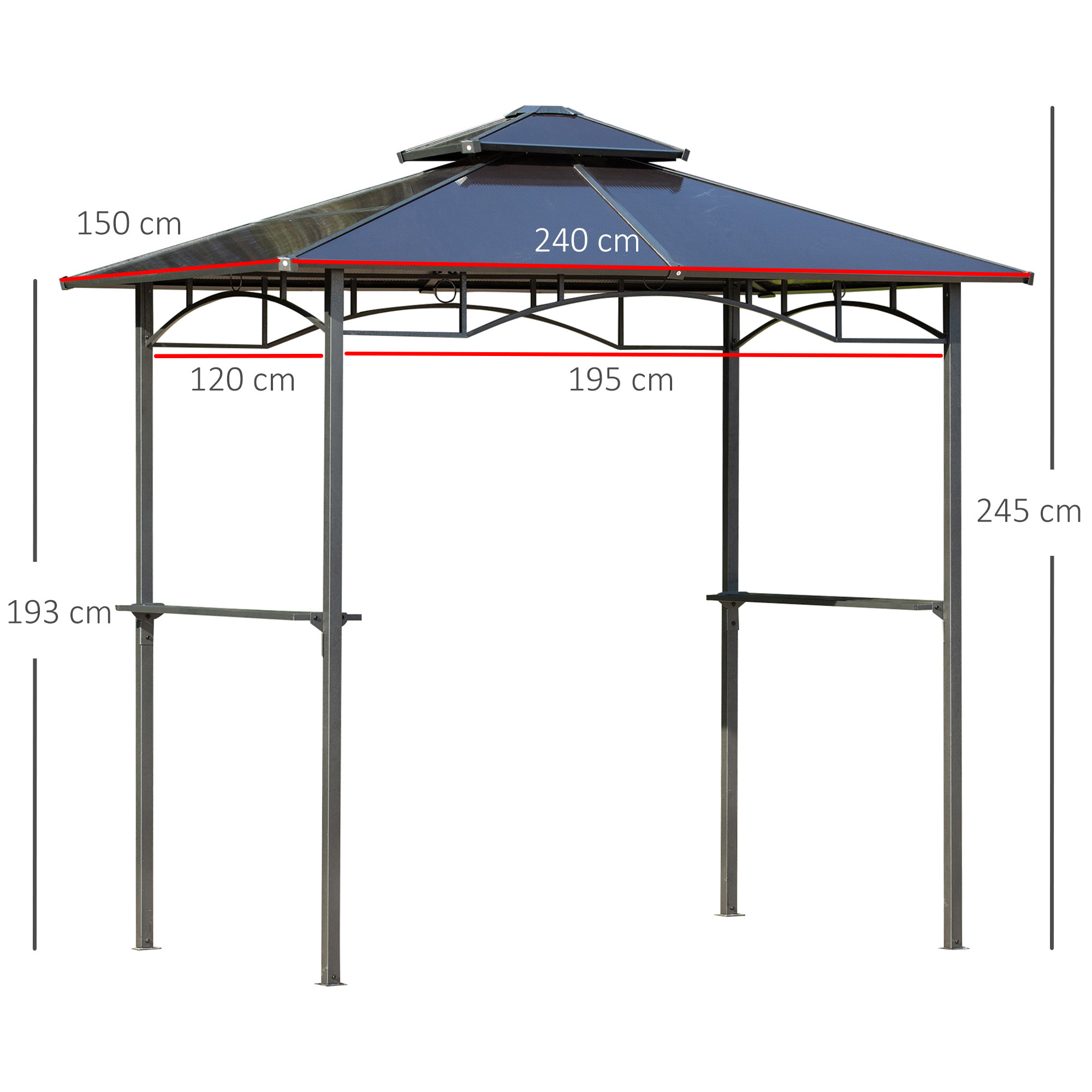 Pavillon jardin - abri barbecue - steakhouse 2 étagères - dim. 2,4L x 1,5l x 2,45H m - alu. métal noir toit polycarbonate