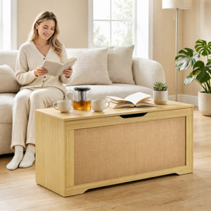 Baúl de Almacenaje 108L, Banco de Almacenaje con Panel de Ratán, Tapa Elevable, Brazos de Soporte, Diseño Sin Tiradores, para Recibidor, Pasillo, Dormitorio, Salón, 80x40x45 cm, Roble