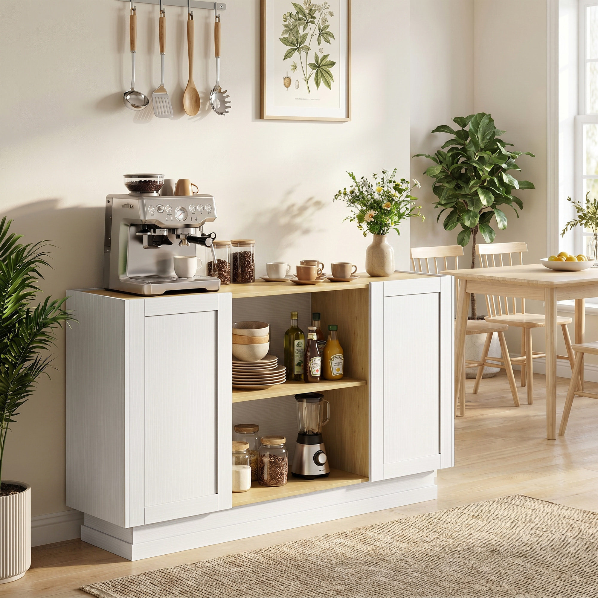 Aparador, Armario de Cocina Moderno con 2 Estantes Abiertos y 2 Puertas de Cierre Suave, Mueble de TV para 60 Pulgadas, Aparador para Salón, Comedor, 133x35x79,7 cm, Madera Natural y Blanco