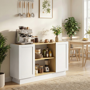 Aparador, Armario de Cocina Moderno con 2 Estantes Abiertos y 2 Puertas de Cierre Suave, Mueble de TV para 60 Pulgadas, Aparador para Salón, Comedor, 133x35x79,7 cm, Madera Natural y Blanco