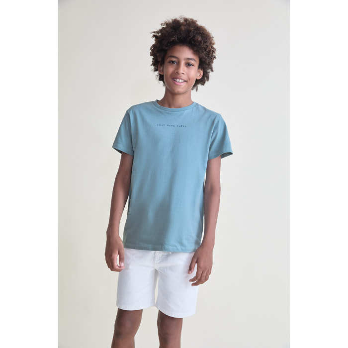Camiseta de Manga Corta Lisa con Texto Only Good Vibes en el Pecho Estilo Minimalista | Color: Azul noche | Street Monkey