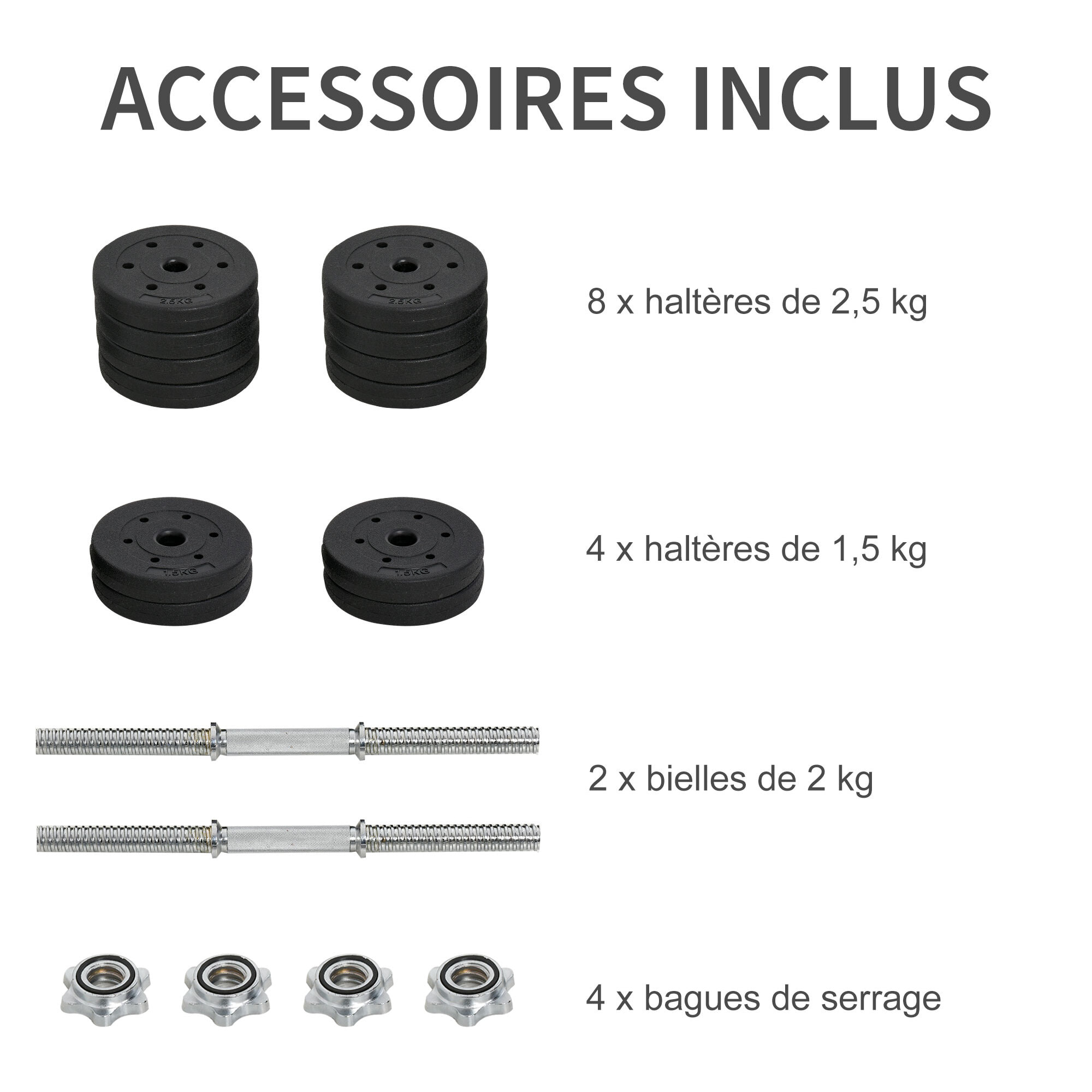 Ensemble d'haltères courtes total 30 Kg - barres incluses - entraînement musculaire & haltérophilie - acier PU noir