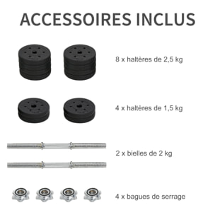 Ensemble d'haltères courtes total 30 Kg - barres incluses - entraînement musculaire & haltérophilie - acier PU noir