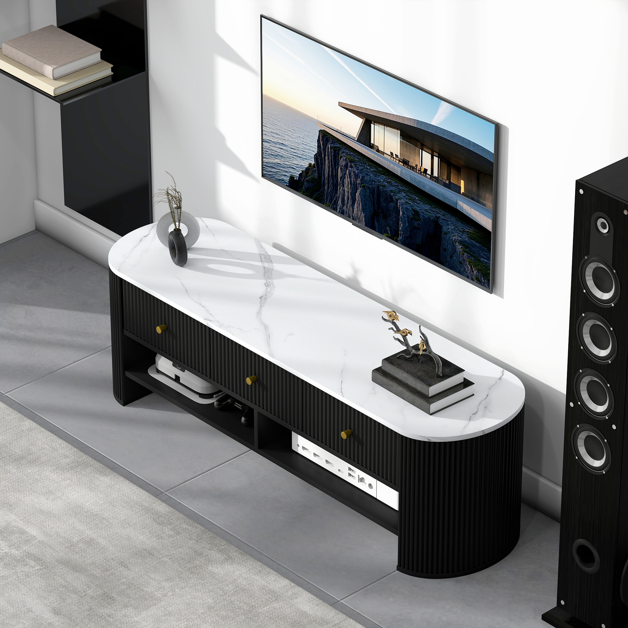 Meuble TV design ovale effet marbre blanc 140 x 40 x 43 cm 3 tiroirs 2 niches noir