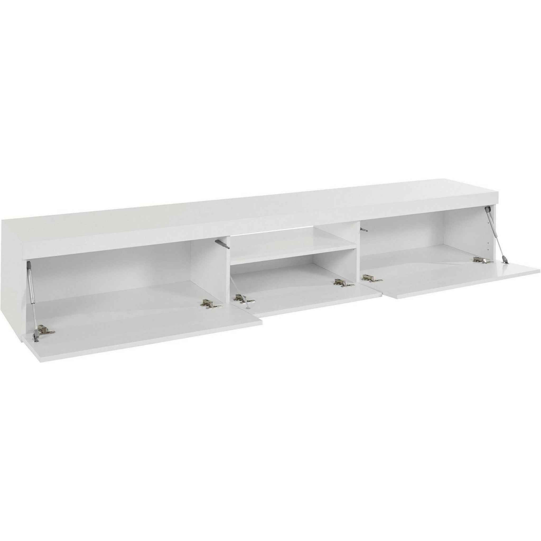 Mobile porta TV Dcoppolin, Credenza bassa da soggiorno a 3 ante, Base porta TV, 220x40h35 cm, Bianco lucido