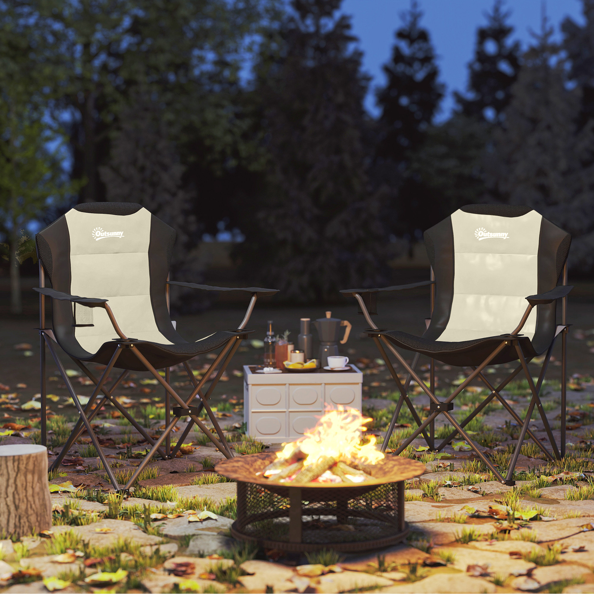 Conjunto de 2 Sillas Plegables Camping con Respaldo Alto Sillas de Camping Portátil Acolchado con Reposabrazos Portavasos y Bolsas de Transporte para Acampada Jardín Terraza Crema y Negro