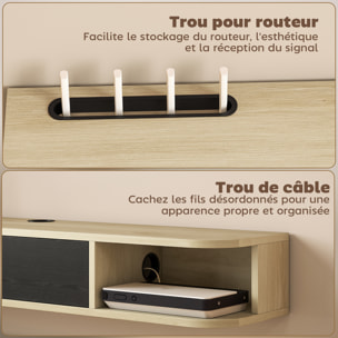 Meuble TV suspendu 120cm - porte, 2 niches, espace routeur, passe-fils - effet bois clair noir