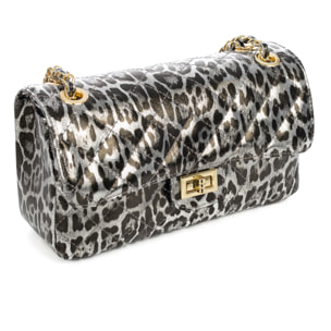 Caeli bolso de hombro Mujer. Piel auténtica Gamuza acolchada, animal print leopardo, lacado brillante.