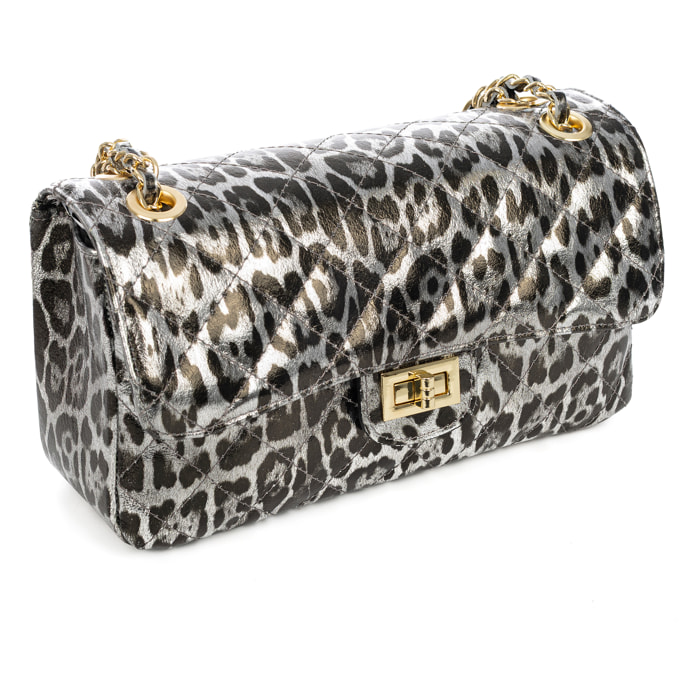 Caeli bolso de hombro Mujer. Piel auténtica Gamuza acolchada, animal print leopardo, lacado brillante.