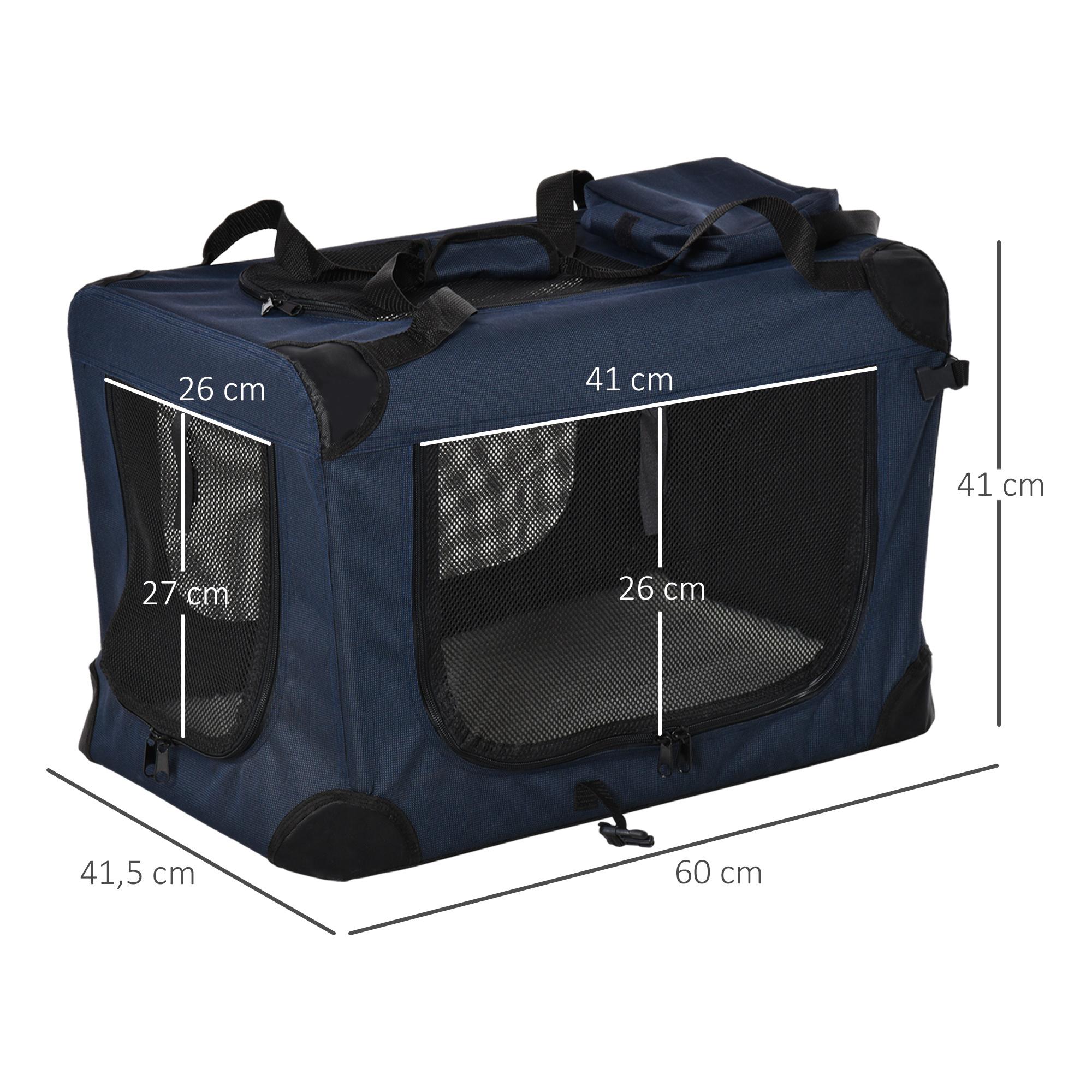 Transportín Perro Gato Bolsa de Transporte Portátil y Transpirable para Mascotas Plegable con Cojín 3 Puertas y Ventana de Malla 2 Bolsillos 60x41,5x41 cm Azul Oscuro