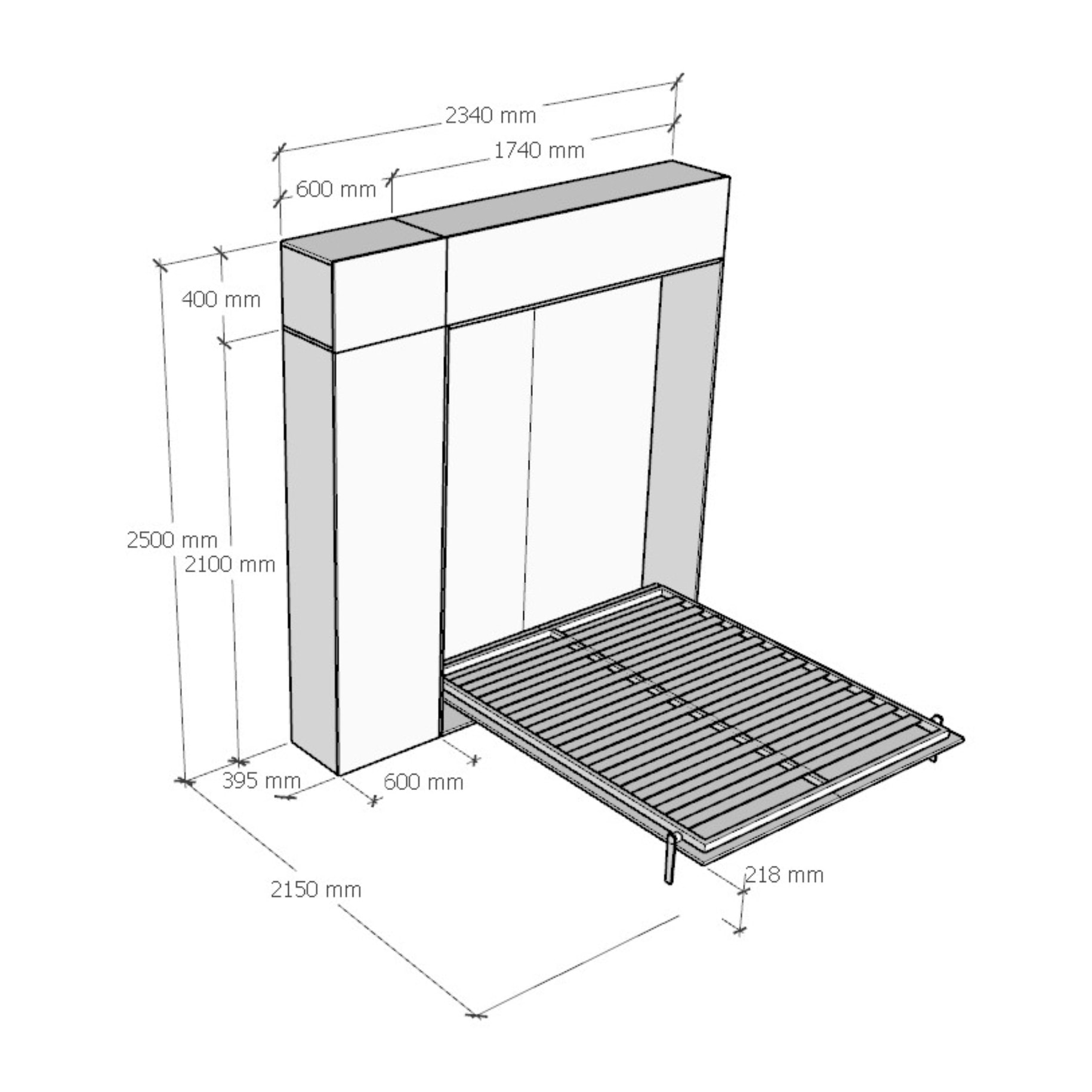 Armoire Lit escamotable vertical double 160 KENTARO Chêne Nature avec colonne de rangement et deux éléments hauts