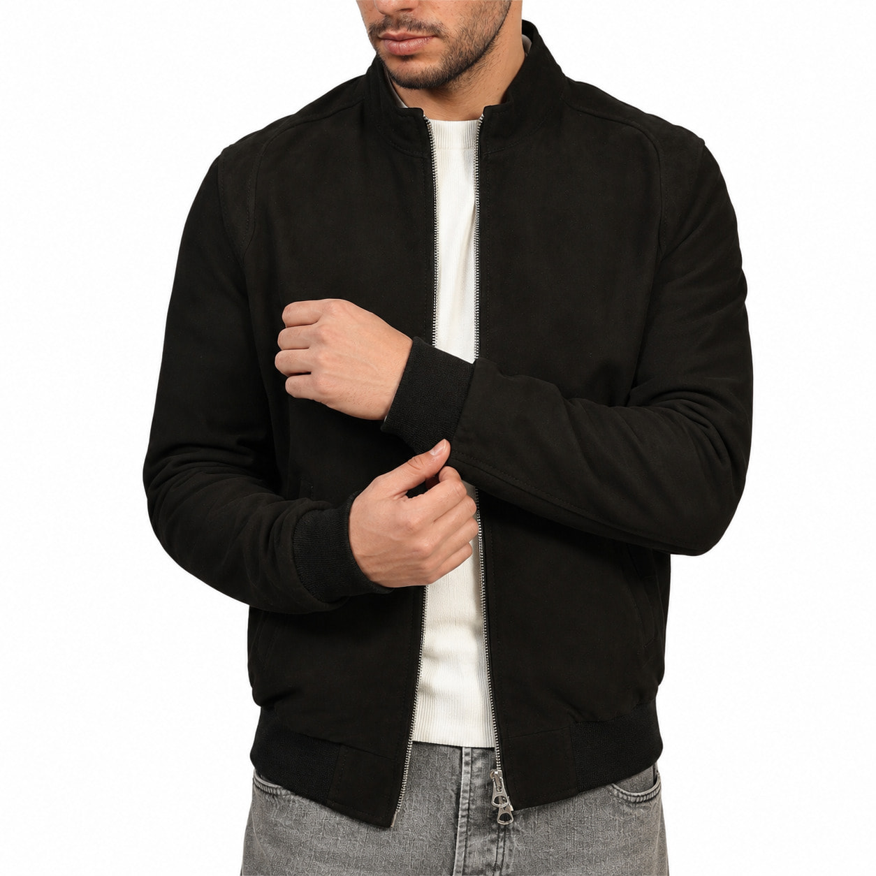 Giubbino in vera pelle di vitello scamosciata Nero-Slim Fit